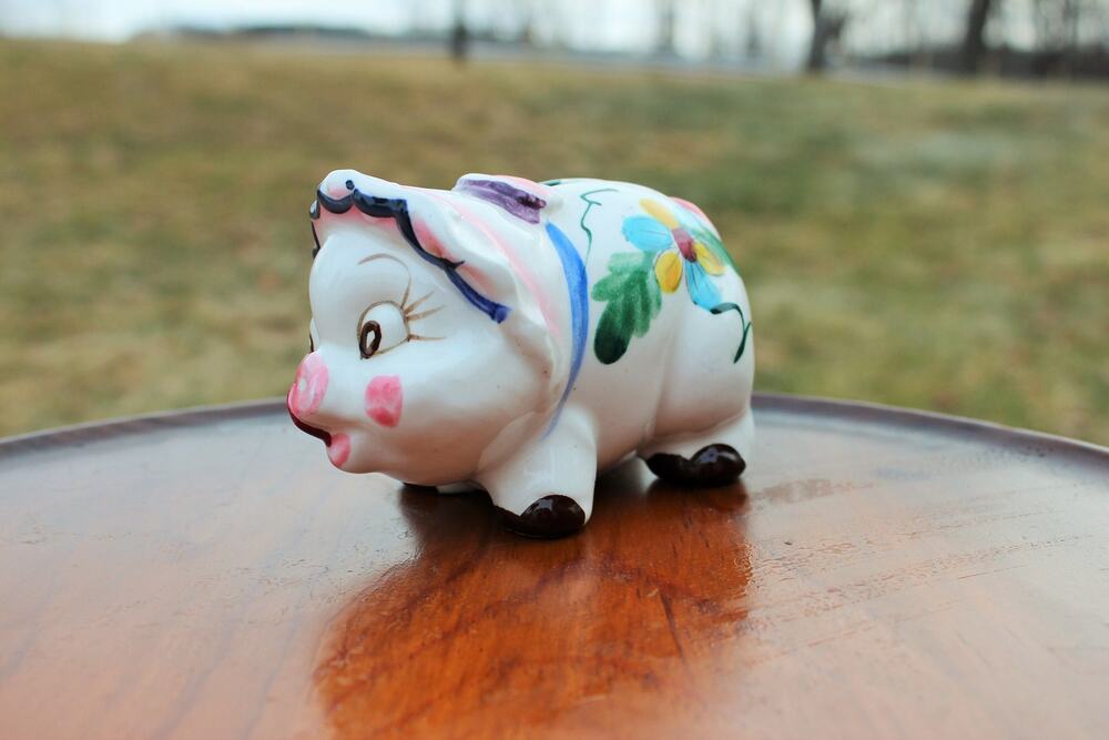 Vintage Ceramic Piggy Bank Hand Decorated Smiling Pig Drain Plug Nursery Decor
